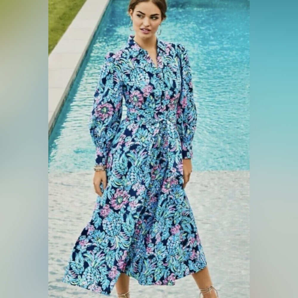 Lilly Pulitzer Mira Stretch Midi Shirt Dress in High Tide Navy Blue Size 8